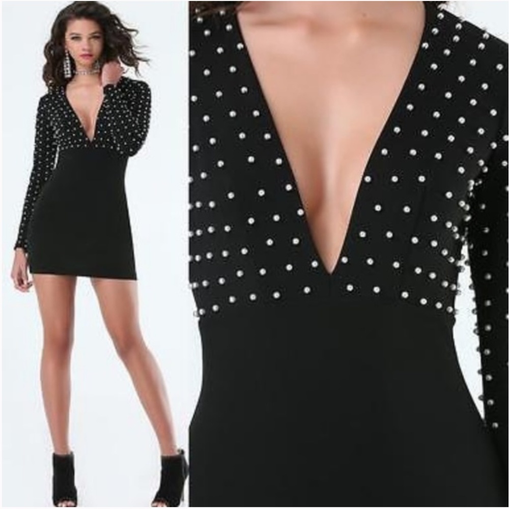 BEBE Bodycon Long Sleeve Pearl Studded Black Dress